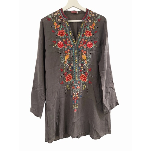 Johnny Was Tops - Johnny Was Embroidered Bird Floral Cupra Rayon Tunic Top Gray Boho Artisan Small